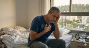 גבר מתעורר בבוקר עם מבט עייף